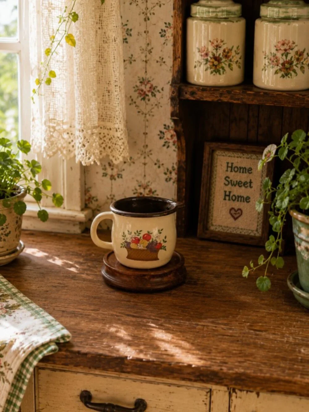 Vintage 80s 1986 FTD Enamelware pitcher featuring a fruit basket motif